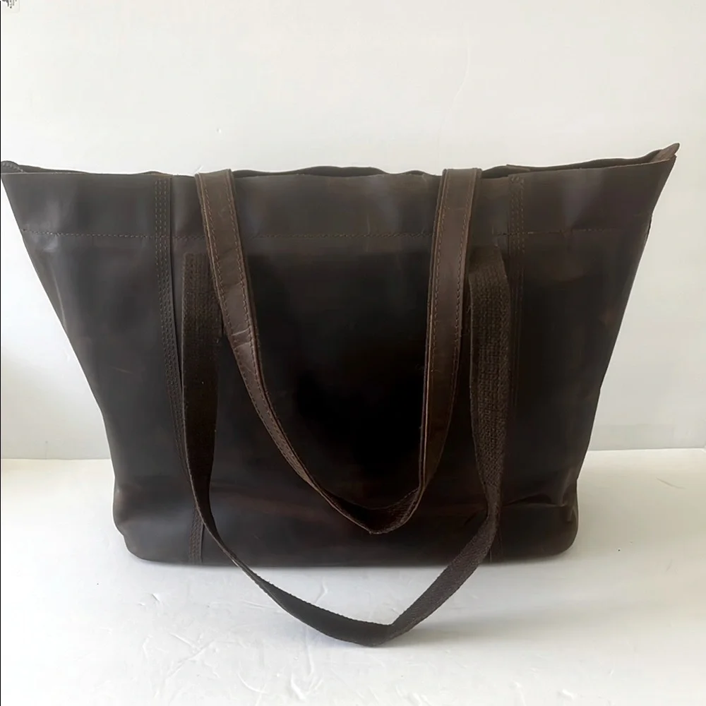 Love & Accompany Unisex Distressed Dark Brown Leather Tote Shoulder Handbag NEW - Picture 2 of 6